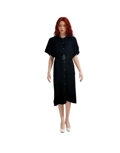 Vestido Camisero Negro con Bolsillos y Cinturón Old Rowley