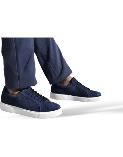 Zapatillas Gamuza Azul Diseño Cuadriculado Old Rowley - vista lateral par