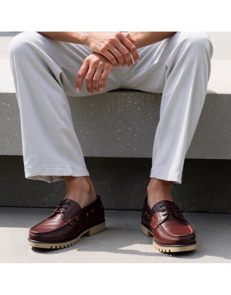 zapatos náuticos hombre  piel cordones Old Rowley - vista puesto en el modelo