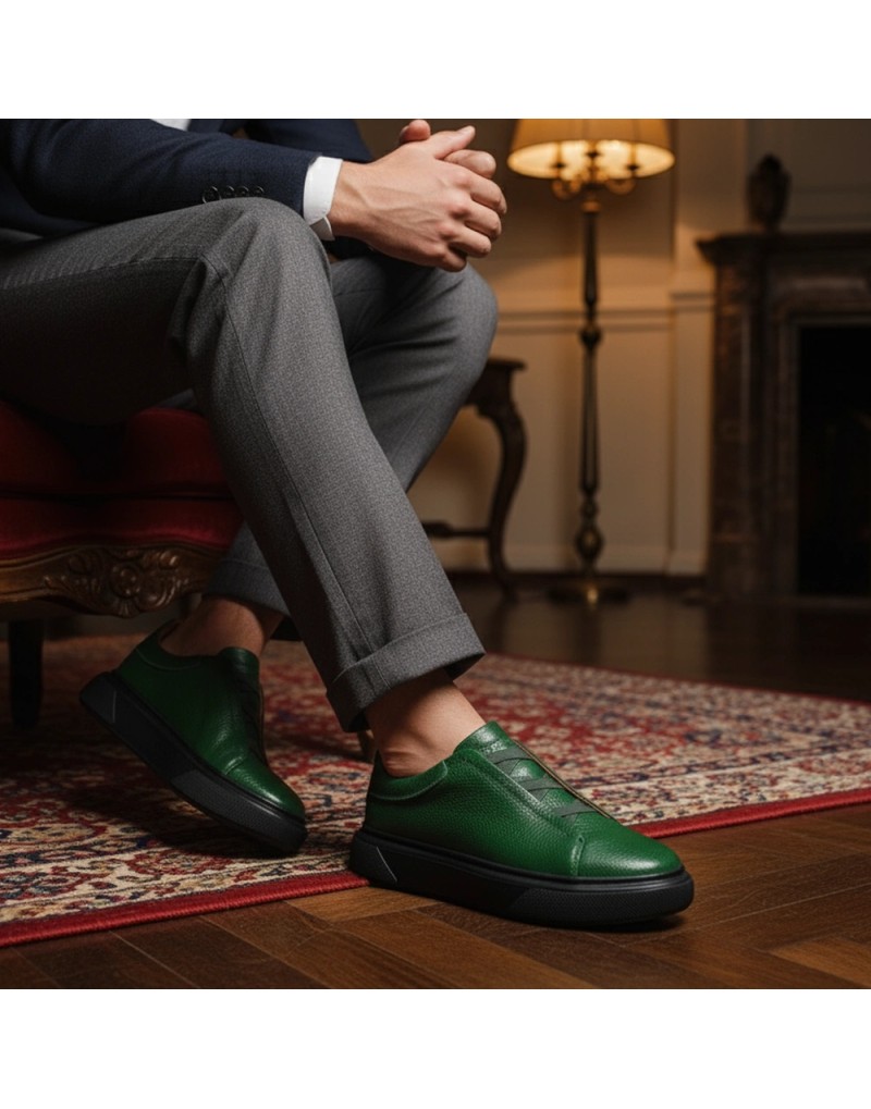 Zapatillas de Piel Natural Verde Old Rowley – Estilo Casual y Elegante - vista puesto en el modelo