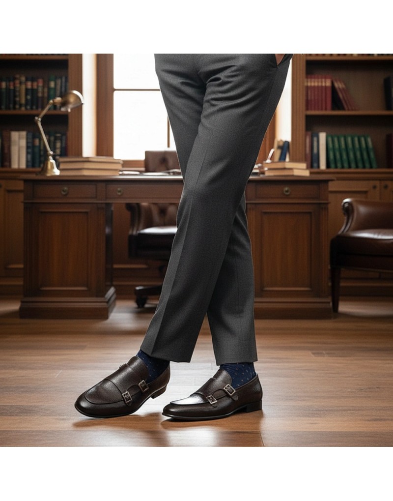 Zapatos hombre de piel natural dos hebillas marrón oscuro Old Rowley - vista puesto en el modelo