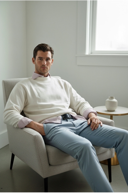 Sudadera crudo de Cuello Medio Alto Old Rowley - vista sentado en la sala