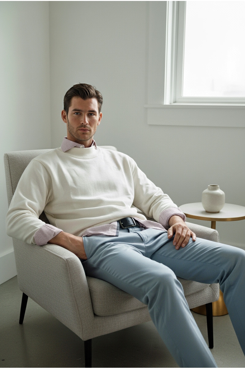 Sudadera crudo de Cuello Medio Alto Old Rowley - vista sentado en la sala