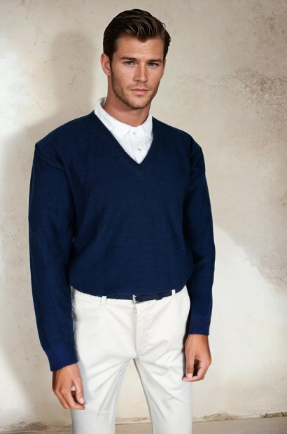 Jersey de algodón con cuello pico Azul marino Old Rowley - vista frontal