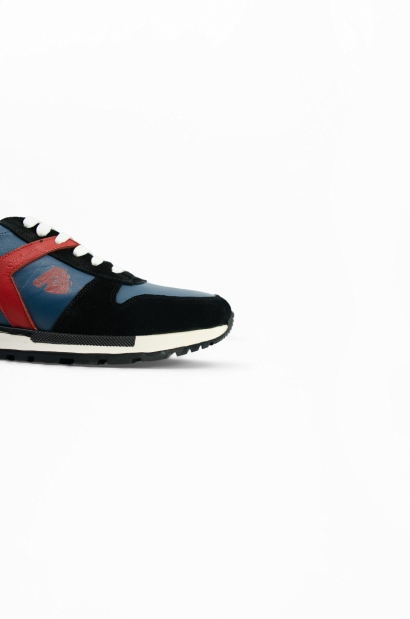 zapatillas de piel Old Rowley: Estilo vibrante en azul, rojo y negro - vista lateral cerca