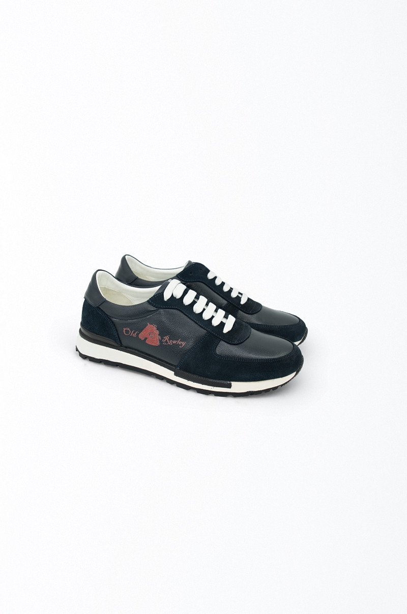 Zapatillas piel negra y gamuza azul marino Old Rowley - vista lateral del par