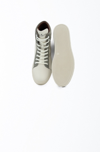 Zapatillas piel y gamuza caña alta blanco y gris Old Rowley - vista frontal y suela