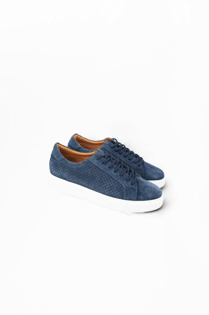 Zapatillas Gamuza Azul Diseño Cuadriculado Old Rowley - vista lateral par