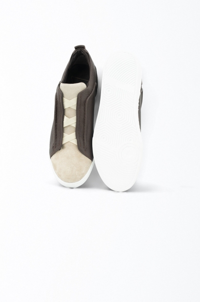 Zapatillas Piel Marrón Diseño Ante Beige y Elásticos Cruzados Old Rowley - vista frontal y suela