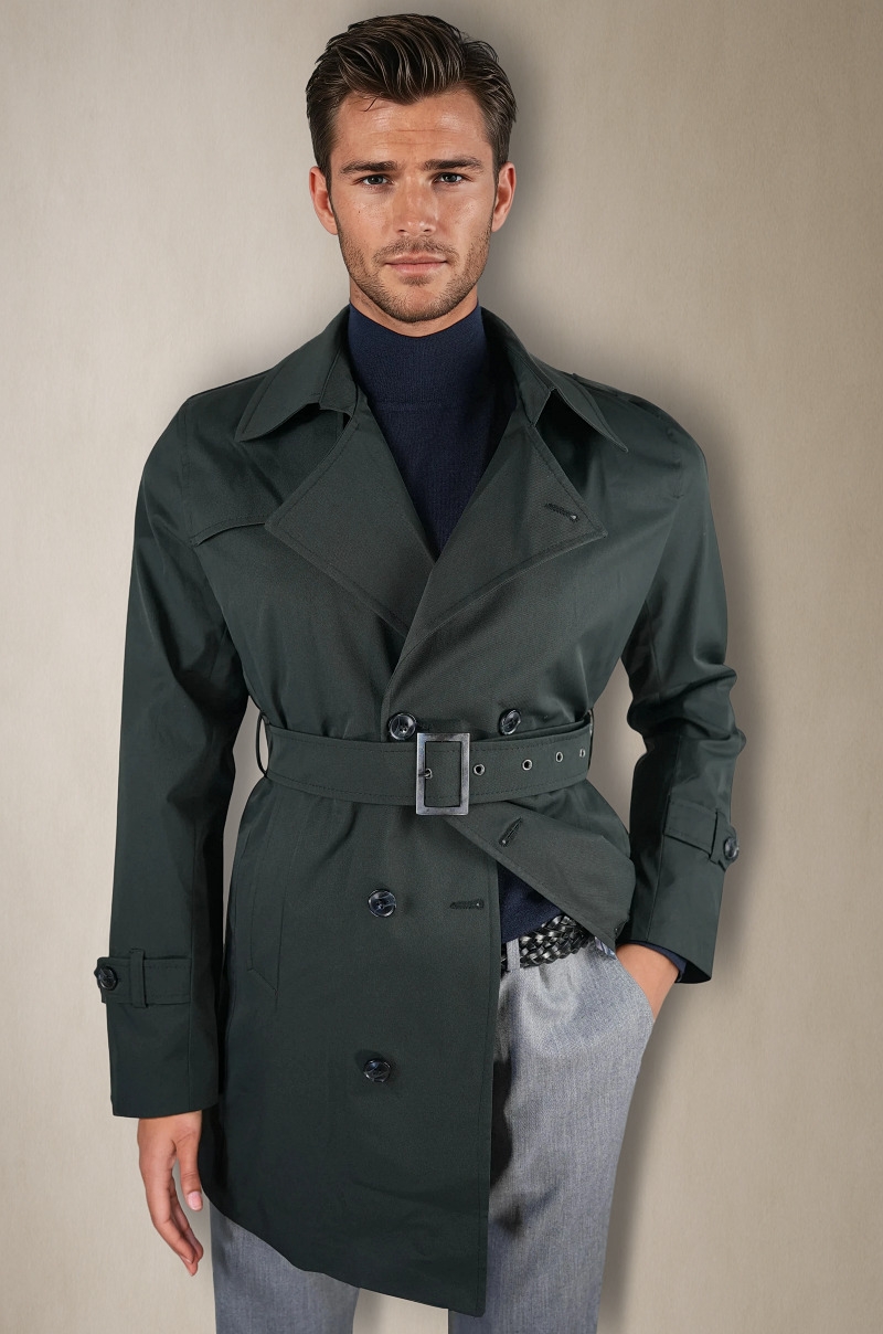 Gabardina Trench clásico de hombre con cinturón y doble botonadura en negro Old Rowley - vista frontal