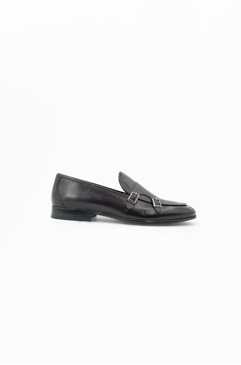 Zapatos hombre de piel natural dos hebillas marrón oscuro Old Rowley - vista lateral