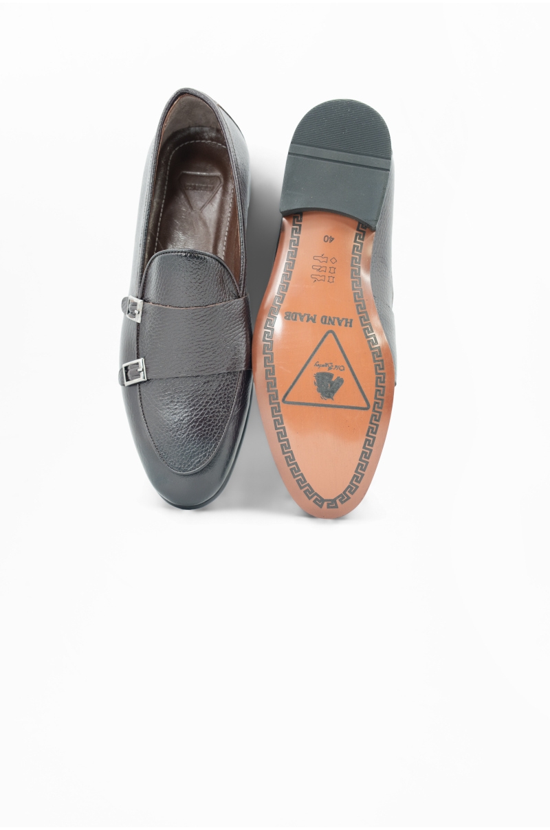 Zapatos hombre de piel natural dos hebillas marrón oscuro Old Rowley - vista parte superior y suela