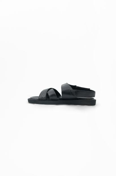 Sandalias hombre de Cuero Negro Diseño Cruzado Plantilla Doble Grosor Old Rowley - vista otro lateral
