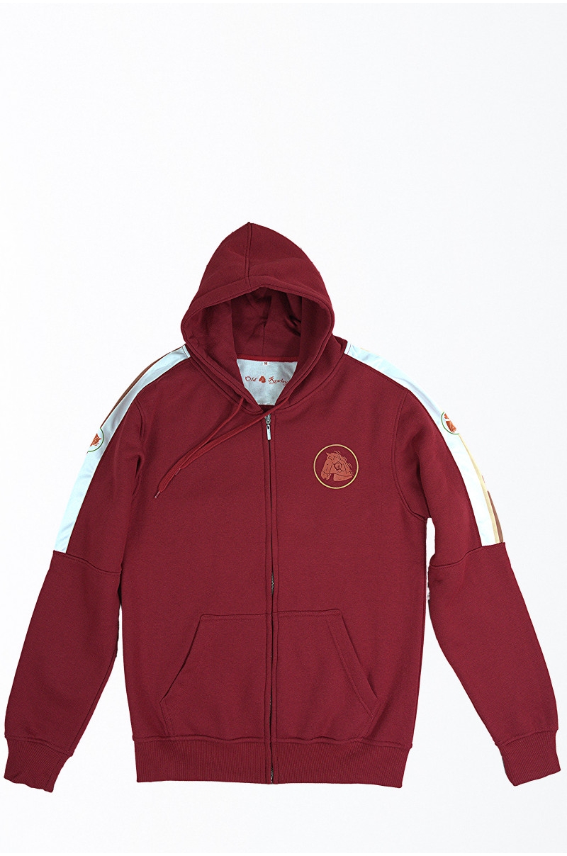 Sudadera roja con capucha y cremallera con bandas en manga Old Rowley - vista solo de la sudadera con capucha completa