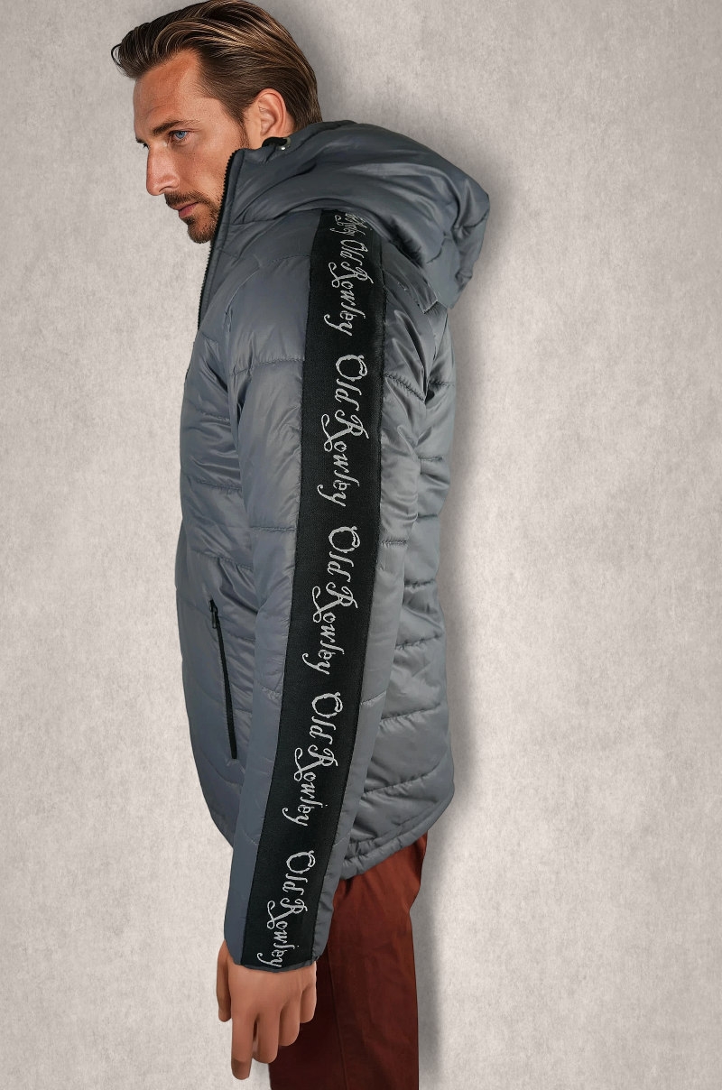 Plumífero con capucha Old Rowley gris con banda logo en manga - vista lateral