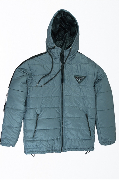 Plumífero con capucha Old Rowley gris con banda logo en manga - vista frontal chaqueta