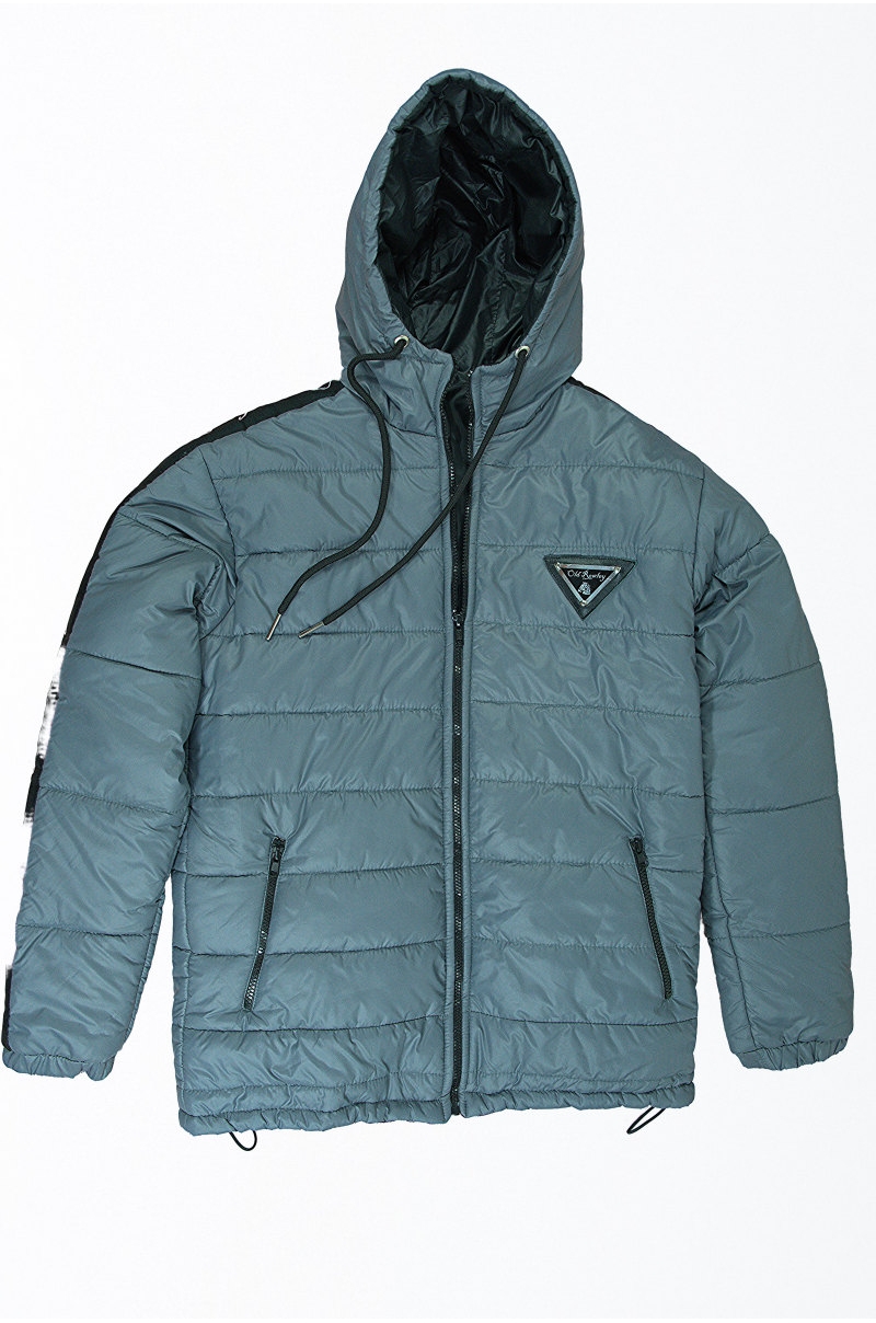 Plumífero con capucha Old Rowley gris con banda logo en manga - vista frontal chaqueta
