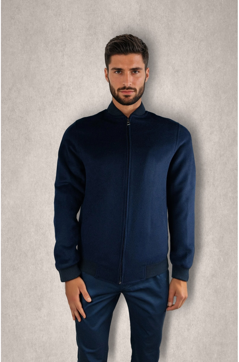 Chaqueta de hombre de lana tipo bomber con cremallera Azul marino Old Rowley - vista frontal