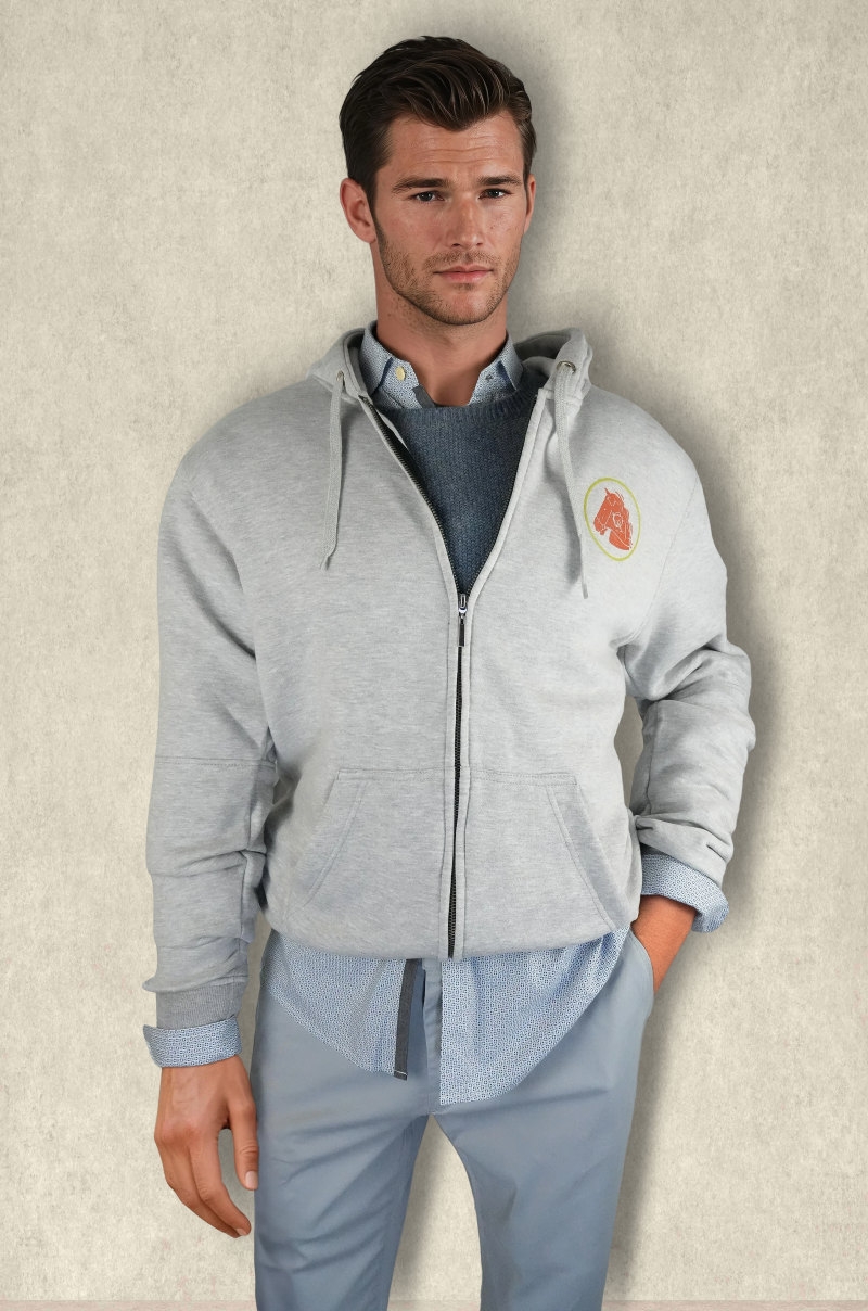 Sudadera con capucha y cremallera gris con bandas en manga Old Rowley - vista frontal