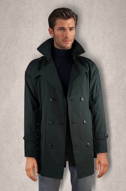 Gabardina Trench clásico de hombre con cinturón y doble botonadura en negro Old Rowley - vista frontal