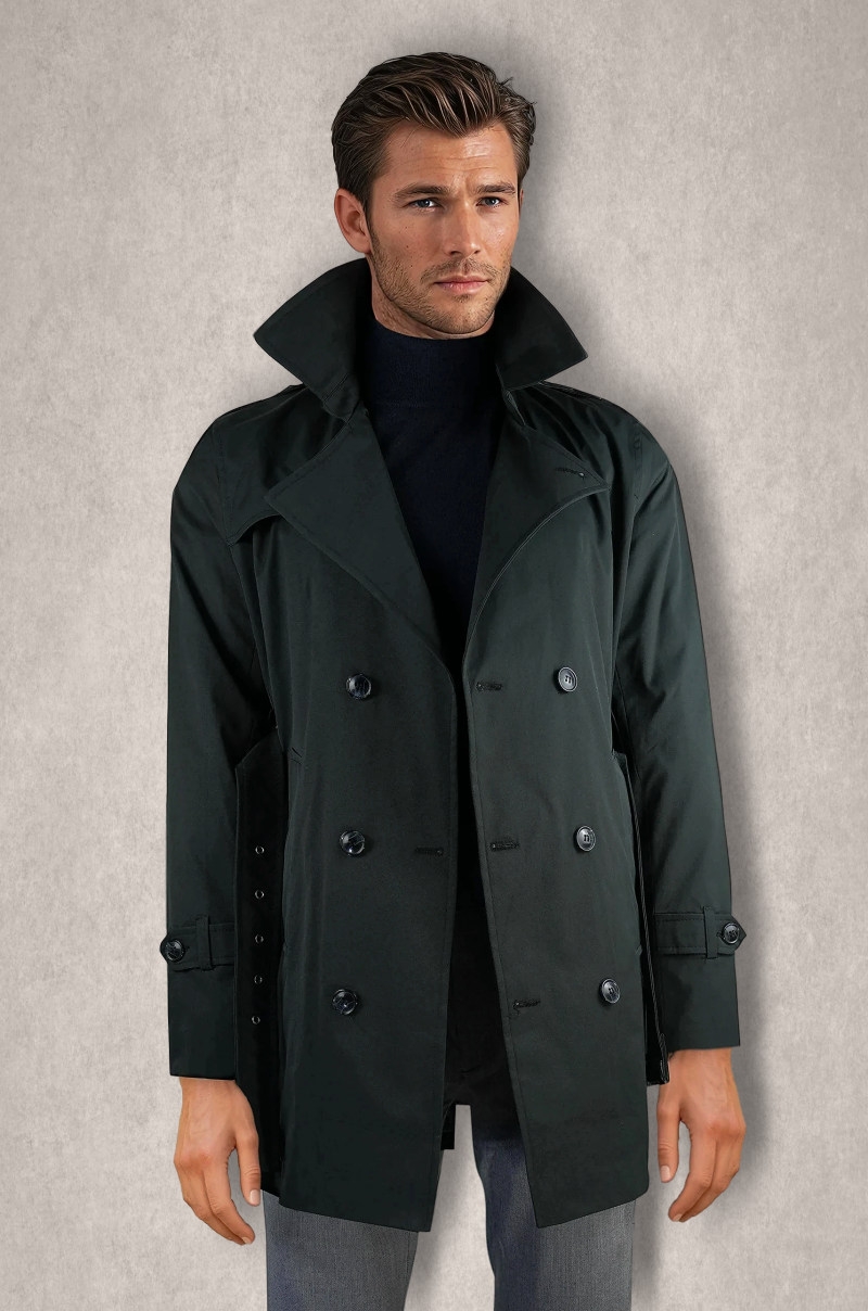 Gabardina Trench clásico de hombre con cinturón y doble botonadura en negro Old Rowley - vista frontal