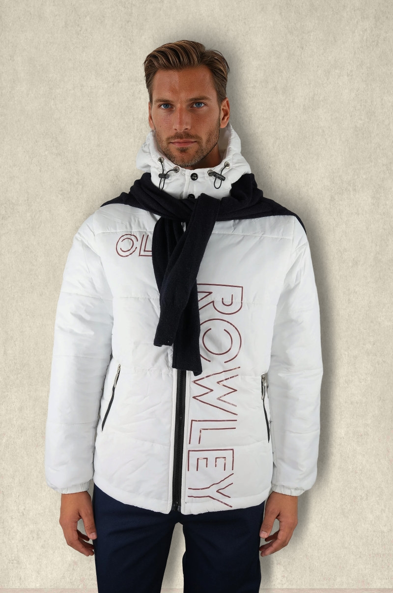 chaqueta acolchada con gorro diseño y letras Old Rowley - vista frontal