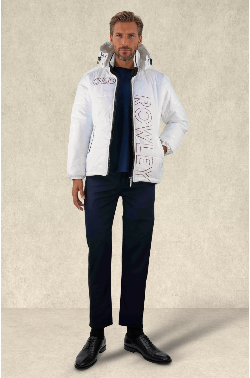 chaqueta acolchada con gorro diseño y letras Old Rowley - vista frontal completa