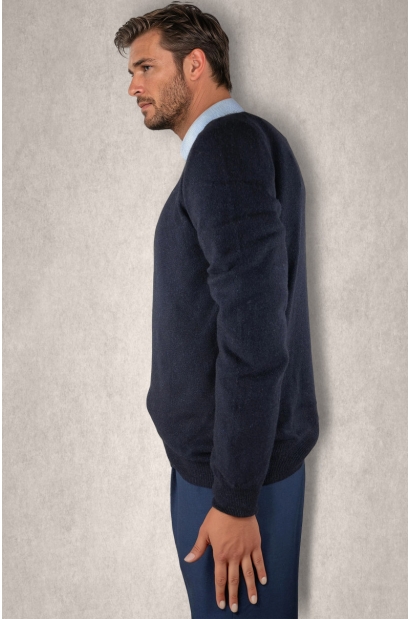 Jersey punto azul marino lana y cachemira Made in Italy Old rowley - vista lateral