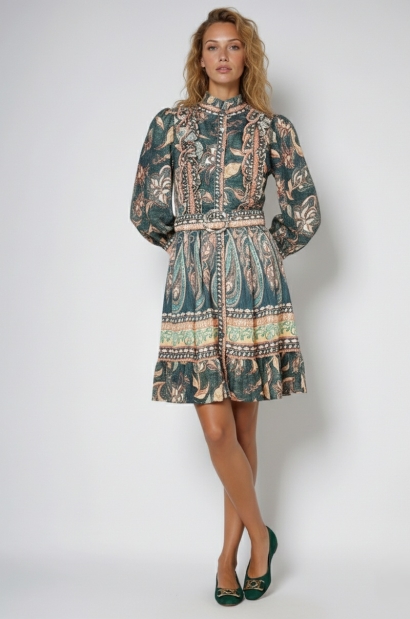 Vestido Corto Estampado Vintage de Manga Larga Old Rowley - vista frontal