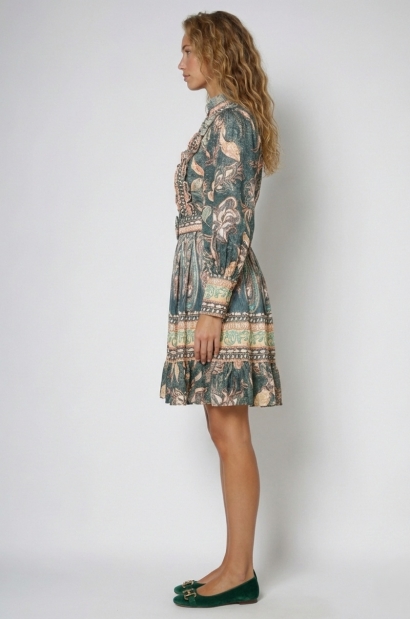 Vestido Corto Estampado Vintage de Manga Larga Old Rowley - vista frontal