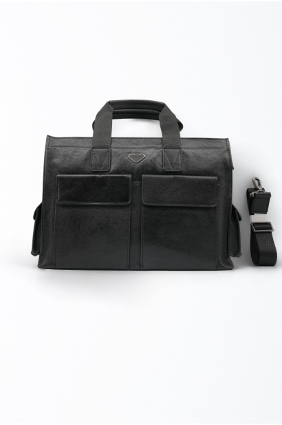 Maletín de piel negro bolsillos y bandolera Old Rowley - vista frontal