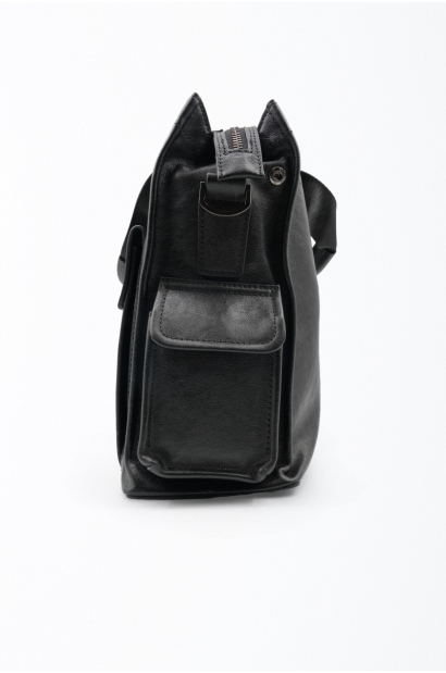 Maletín de piel negro bolsillos y bandolera Old Rowley - vista lateral