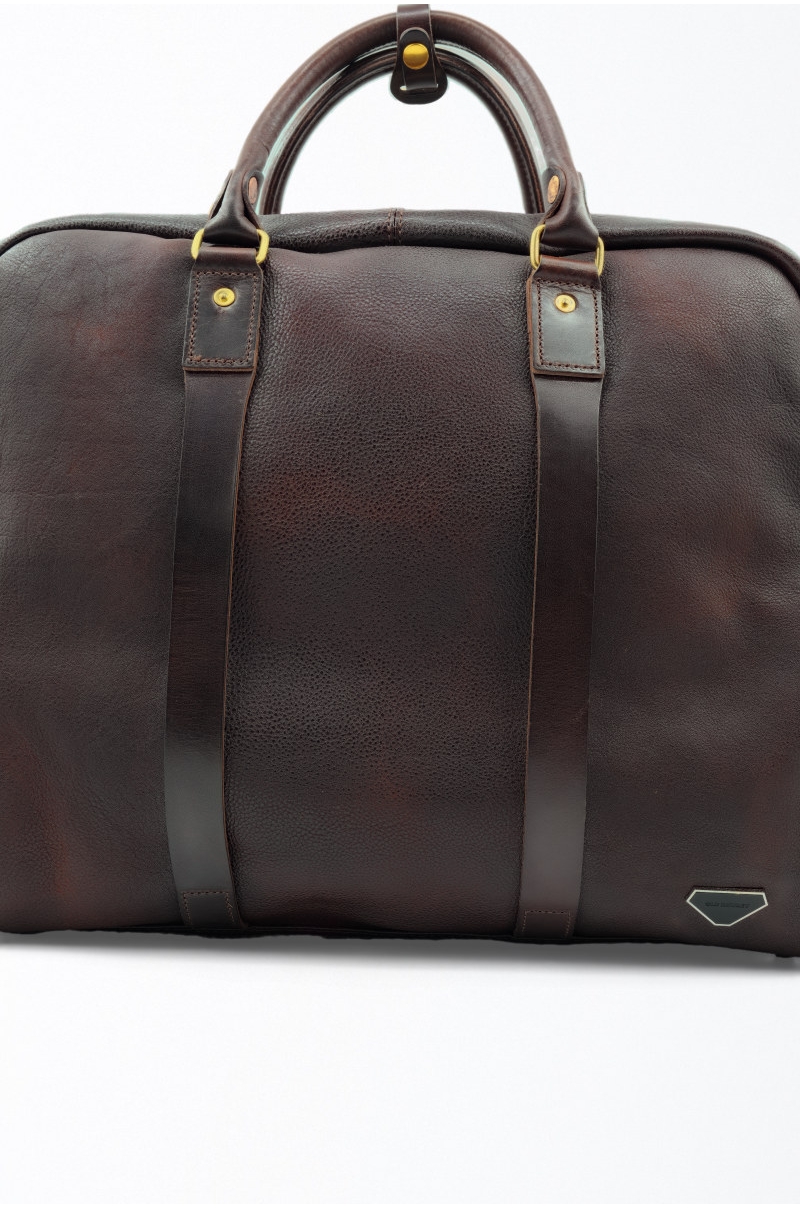 Bolso de viaje de piel marrón estilo weekender Old Rowley - vista cerca