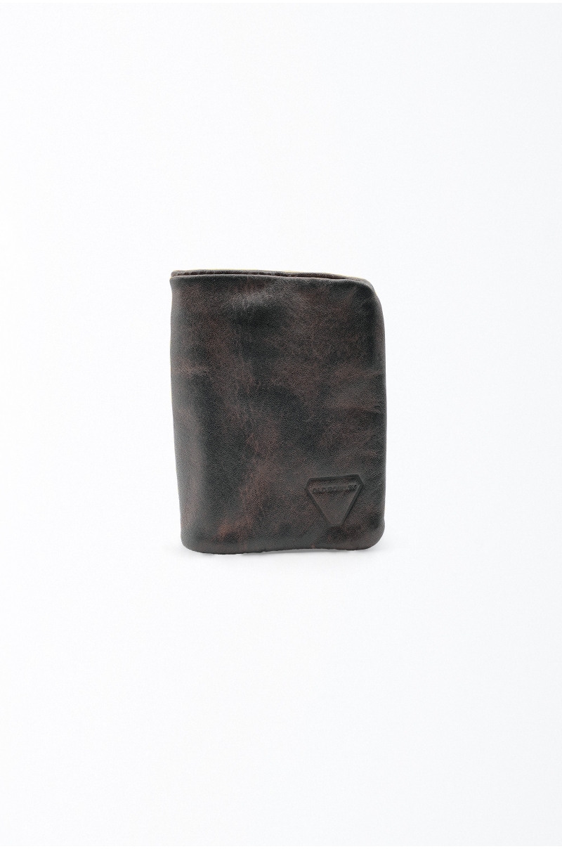 Cartera de piel marrón envejecido para hombre con monedero exterior Old Rowley - vista frontal cerca