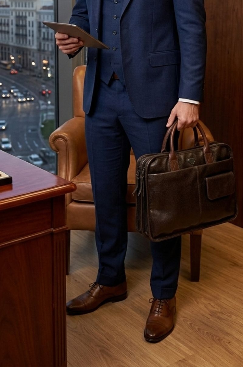 Maletín de piel marrón con un bolsillo frontal Old Rowley - vista puesto en el modelo en la oficina