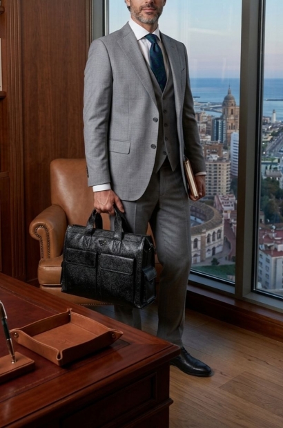 Maletín de piel negro bolsillos y bandolera Old Rowley - vista frontal