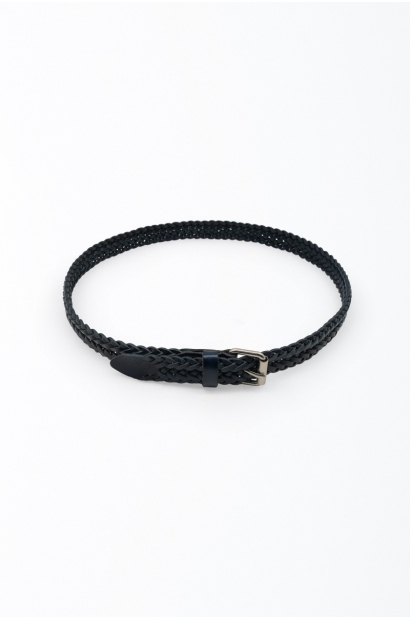 Cinturón de piel azul trenzado negro efecto artesanal con hebilla vintage - vista circular