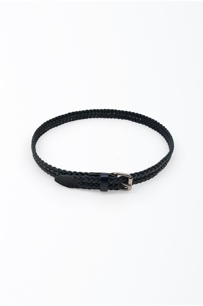 Cinturón de piel azul trenzado negro efecto artesanal con hebilla vintage - vista circular