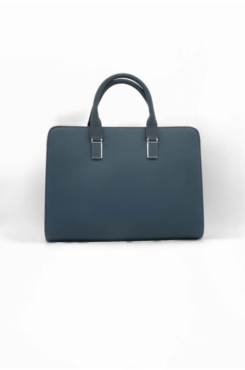 Maletín de piel azul minimalista con textura granulada Old Rowley - vista trasera