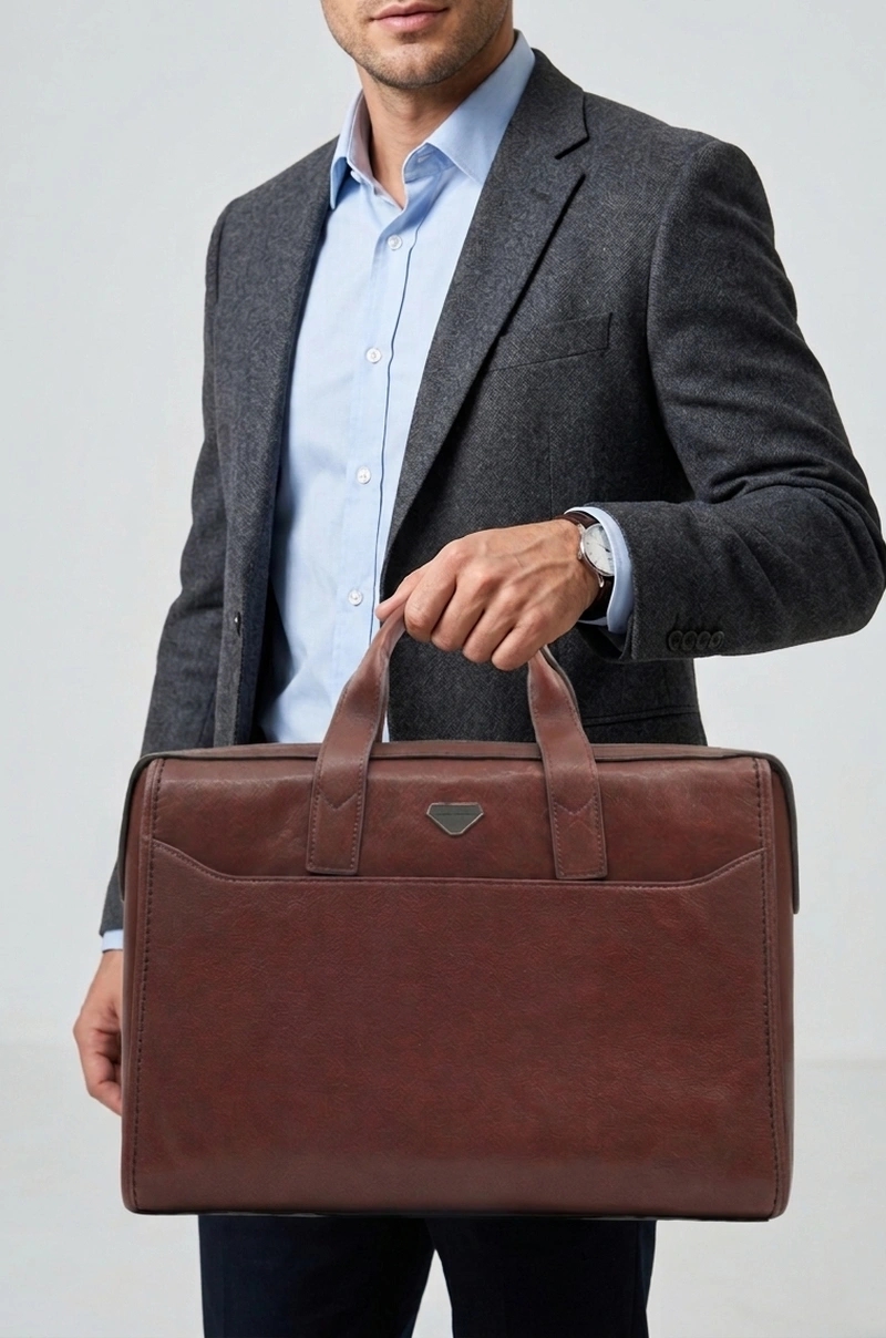 Maletín de piel marrón con bandolera Old Rowley - vista en el modelo