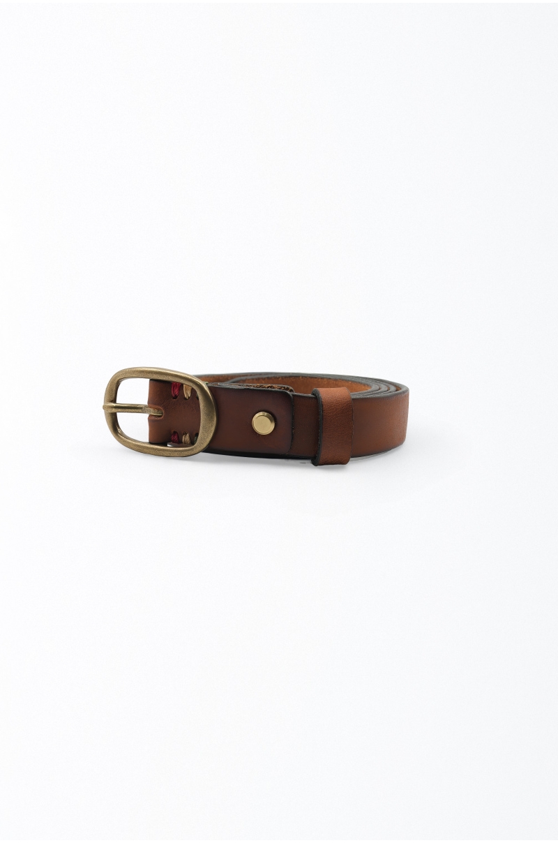 Cinturón piel clásico marrón hebilla metálica envejecida Old Rowley -  vista frontal