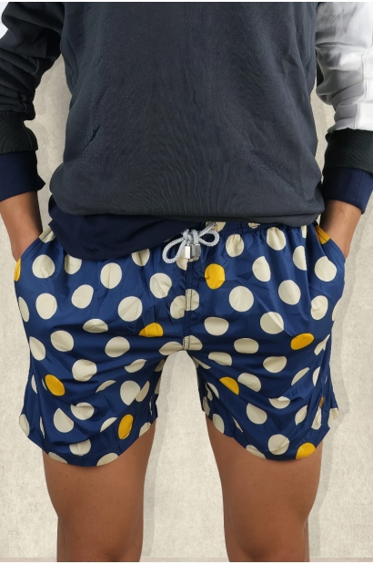 Bañador azul con lunares grandes blancos y amarillos Old Rowley - vista frontal completa