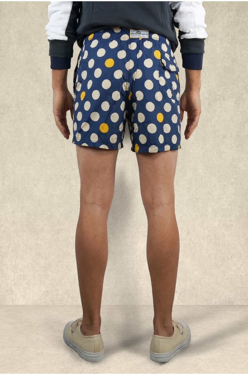 Bañador azul con lunares grandes blancos y amarillos Old Rowley - vista trasera