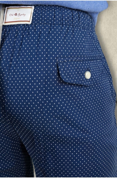 Detail of mens navy swim shorts with white dot pattern pocket