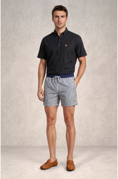 Bañador hombre azul y blanco de rayas estilo náutico Old Rowley - vista frontal completa