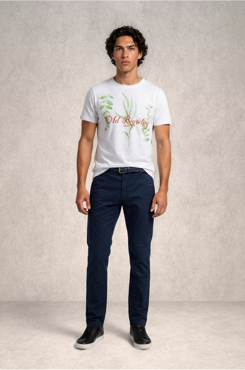 Camiseta blanca Old Rowley para hombre con estampado botánico artístico Old Rowley - vista frontal completa