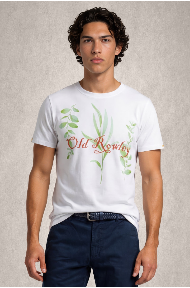 Camiseta blanca Old Rowley para hombre con estampado botánico artístico Old Rowley - vista frontal