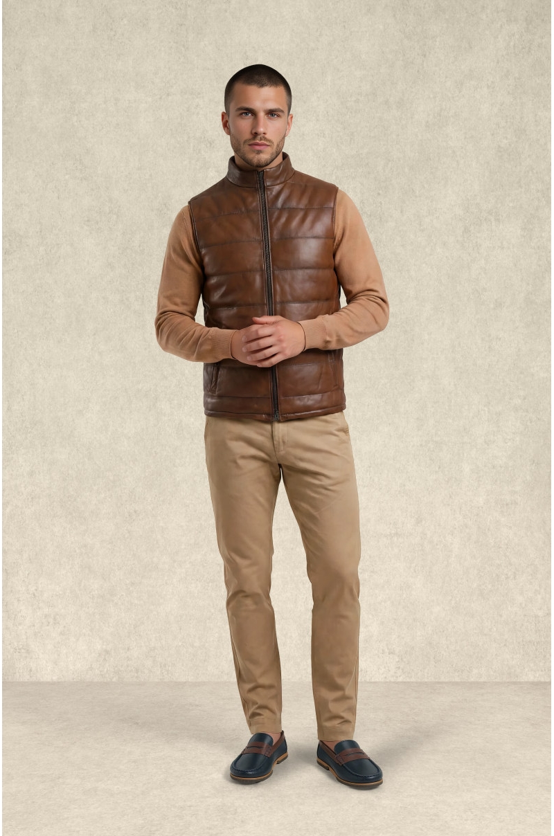 chaleco piel marrón acolchado Old Rowley - vista frontal completa