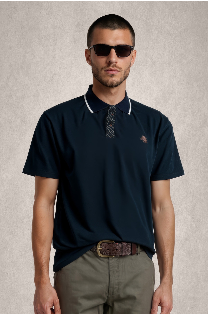 Polo azul marino negro con tapeta geométrica Old Rowley - vista frontal