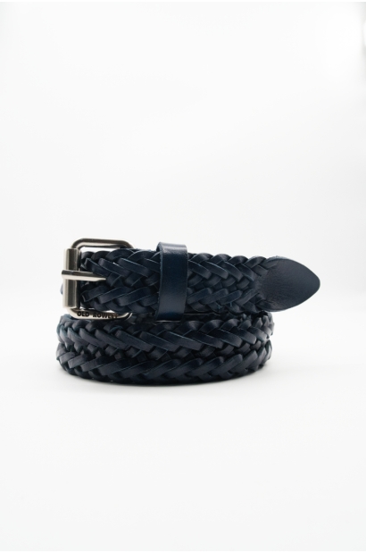 Cinturón de piel azul trenzado negro efecto artesanal con hebilla vintage - vista enrollado